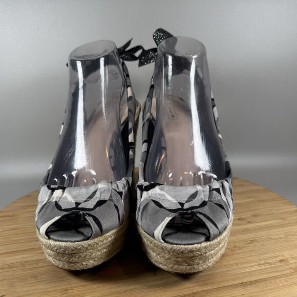 Coach Womens Monogram Canvas  Slingback Wedges Grey Size 8.5 Peep Toe‎ Maritza - Picture 2 of 9